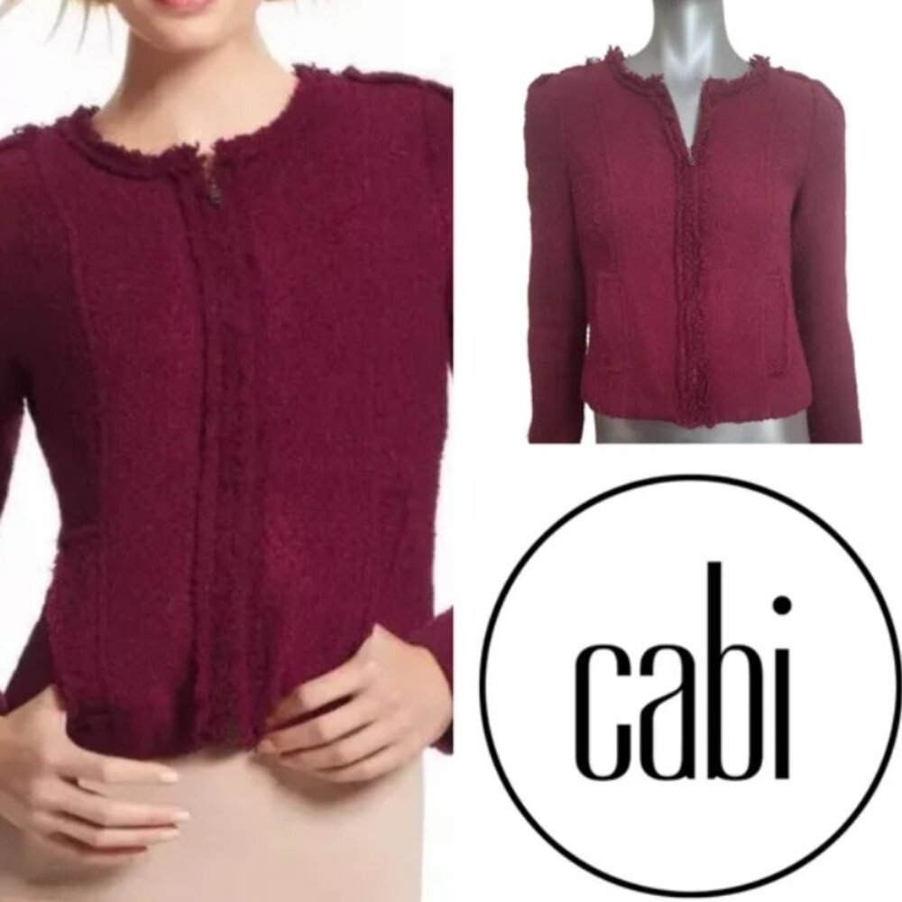 CABi merlot full-zip jacket /cardigan.  nubby fabric. frayed hem.  pockets!